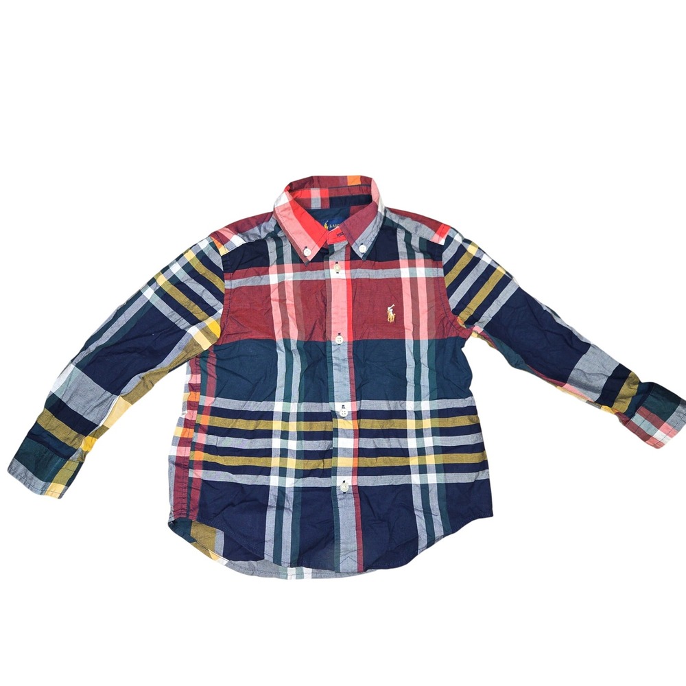 Ralph Lauren Boys 3T Plaid Button Down Shirt Natural Stretch Navy Red Multi clt